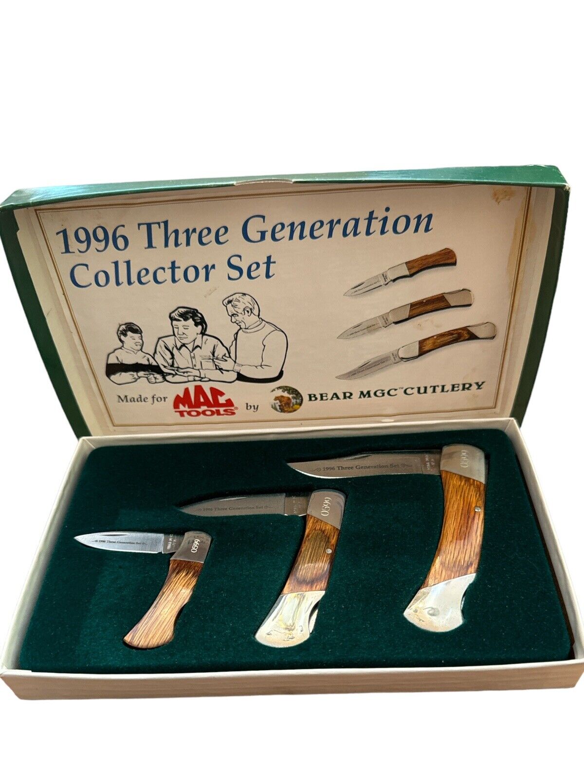 1996 Three Generation Collector set Pocket Knives Made for Mac Tools by Bear MGC