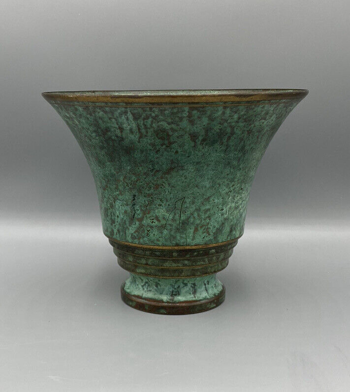 Antique signed Carl Sorensen Bronze Verdigris Trumpet Vase 6” Art Deco Patina