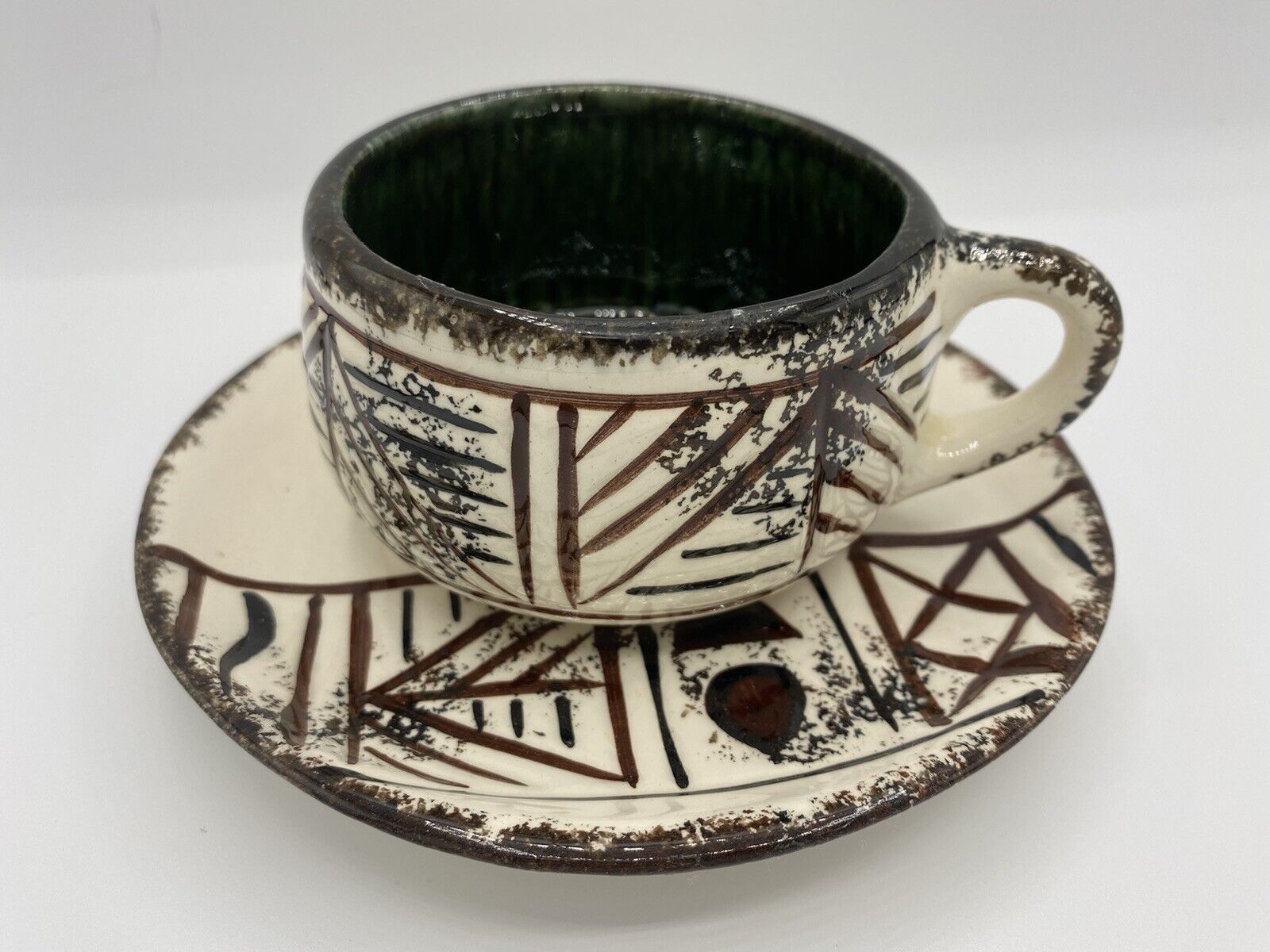 Vtg Kay Good signed/handpainted Hawaii pottery tea cup saucer Tiki