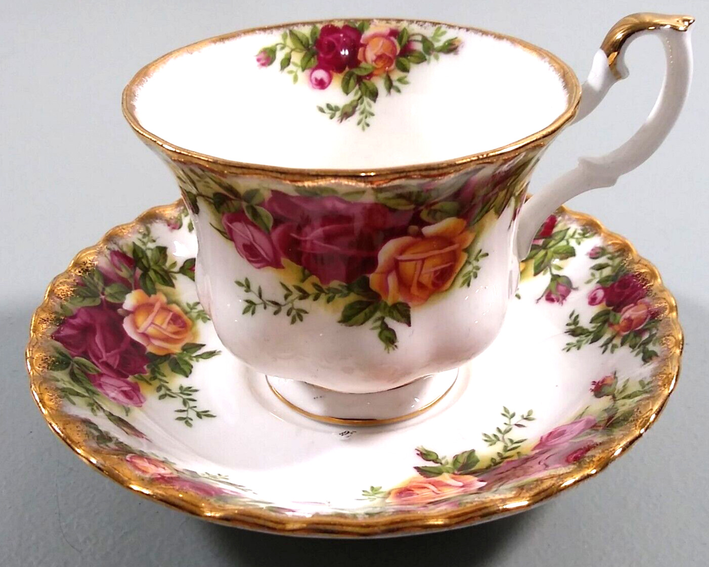 Royal Albert Old Country Roses Holiday Teacup and Saucer Pink Burgundy Yellow