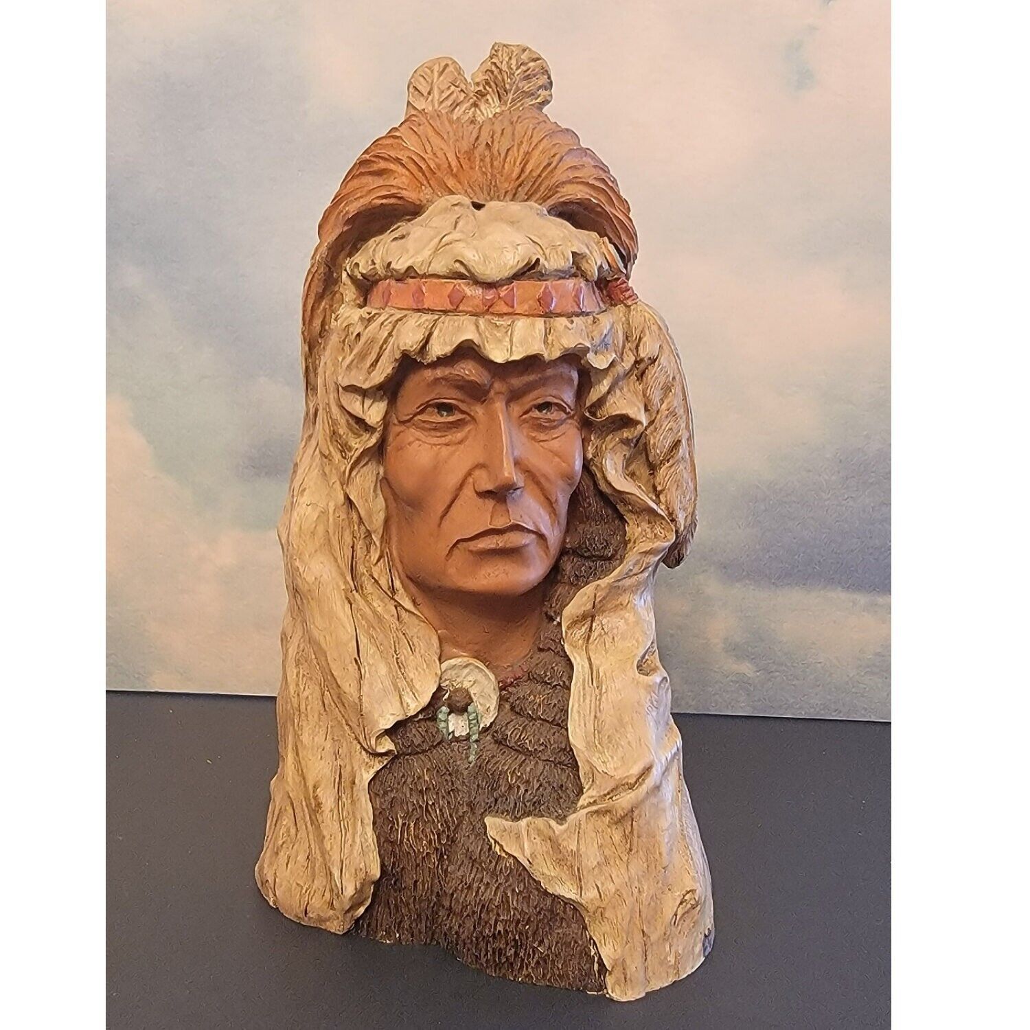 Beautiful Native American Bust Sculpture Indian Chief Wood Texture Like Design