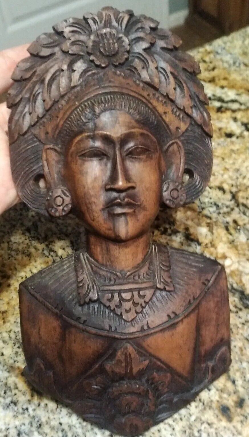 Vintage Bali Klungkung Wood Carved Female Warrior Goddess Wall Bust 9.5\