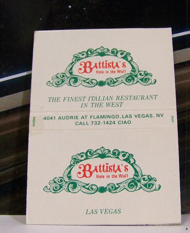 Rare Vintage Matchbook Cover H2 Las Vegas Nevada Battista\'s Hole In The Wall