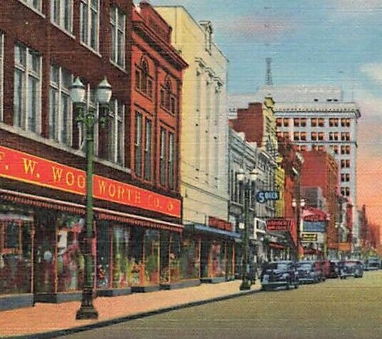 c1940s Main Street Cars Woolworth Signs Linen Evansville IN P364