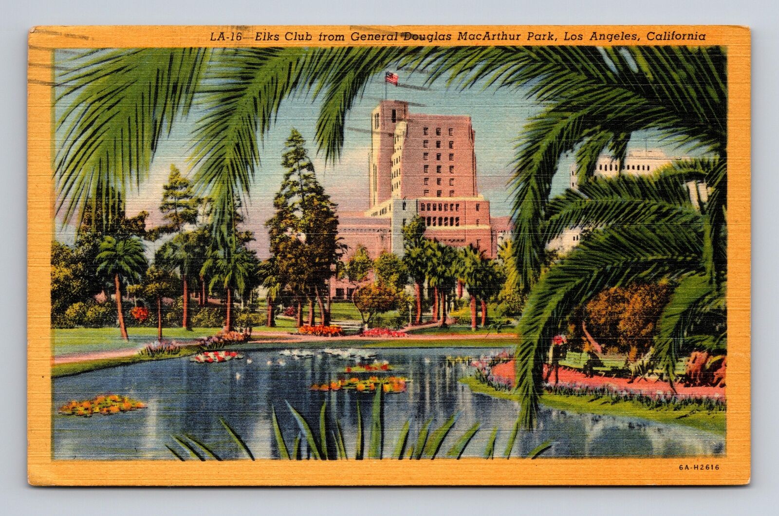 c1936 Linen Postcard Los Angeles CA California Elks Club from GD MacArthur Park