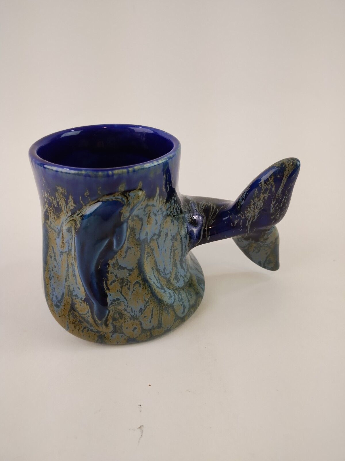 Doug Wylie Blue Embossed Dolphin Whale Tail Handle Mug Glazed Pottery Art