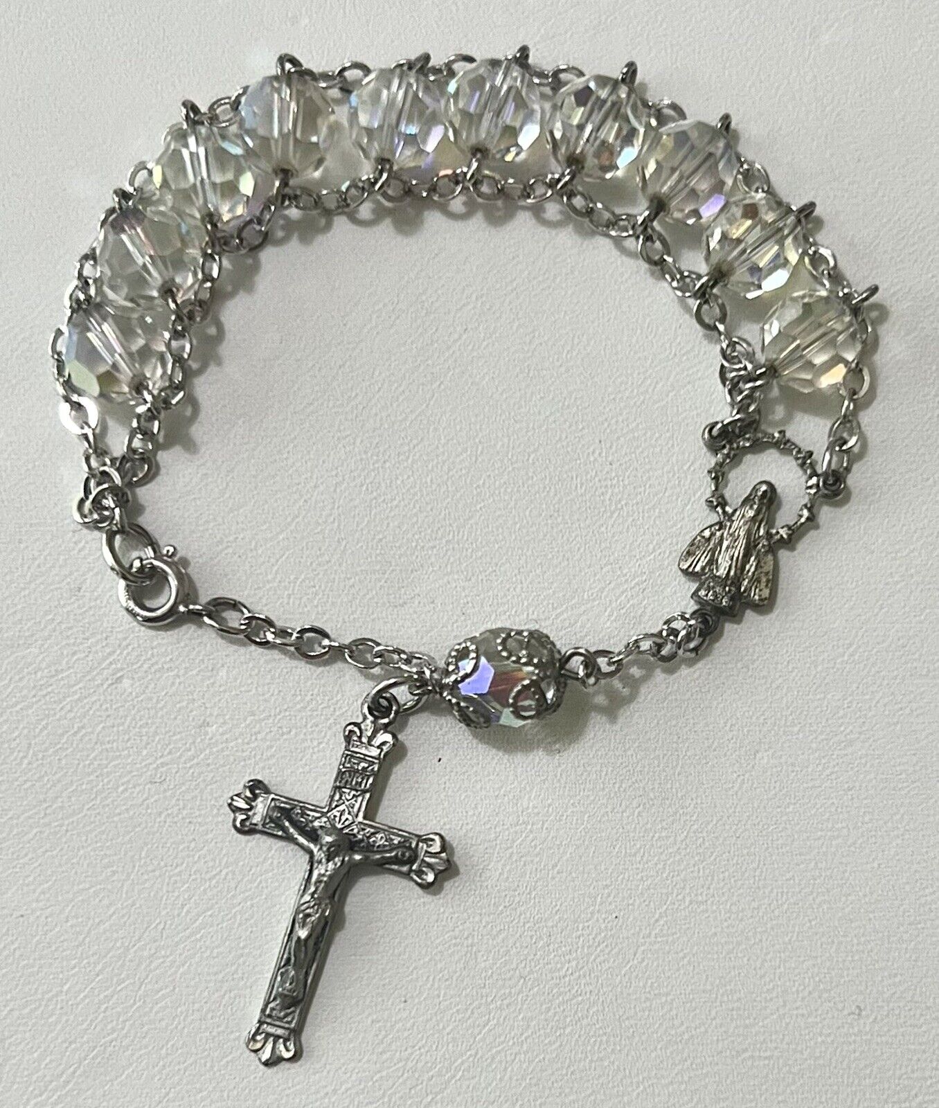 Vintage AF Co Sterling Silver AB Crystal Bead Rosary Crucifix Bracelet 7” Long