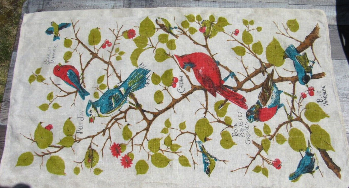 Vintage Linen Tea Kitchen Dish Towel Birds 16 x 28\