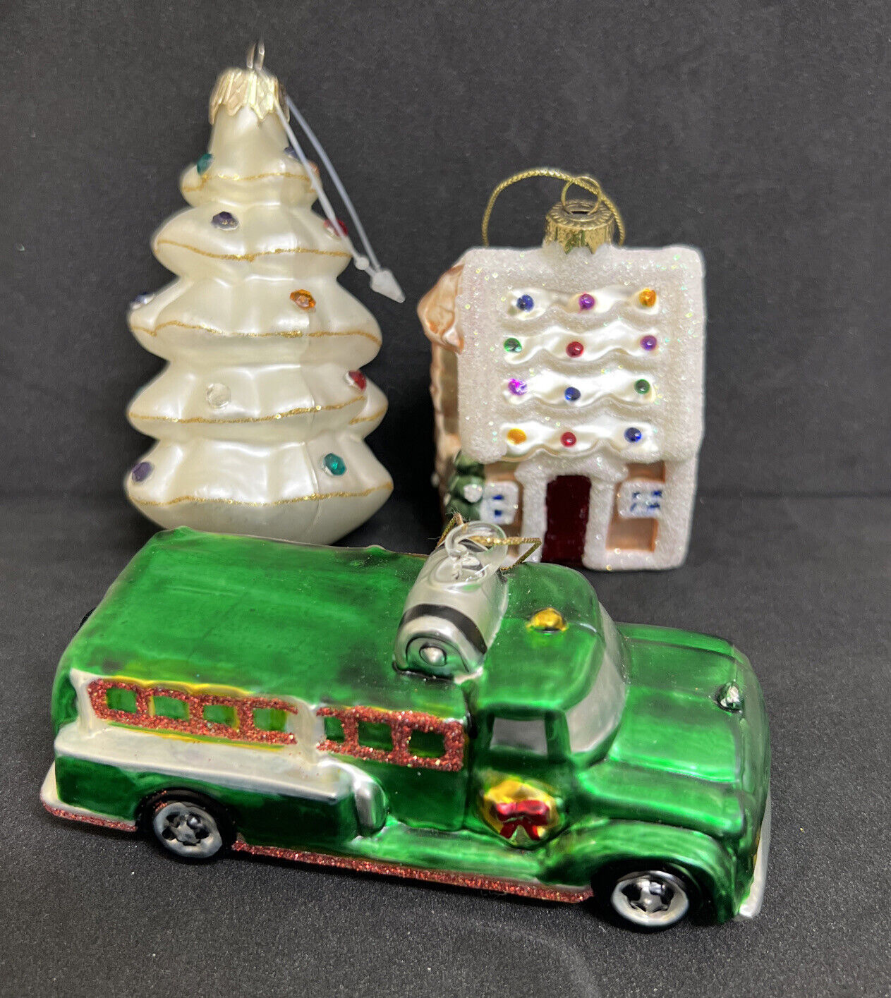Lot 3 Glass Blown Ornaments Green Truck White Christmas Tree Gingerbread House