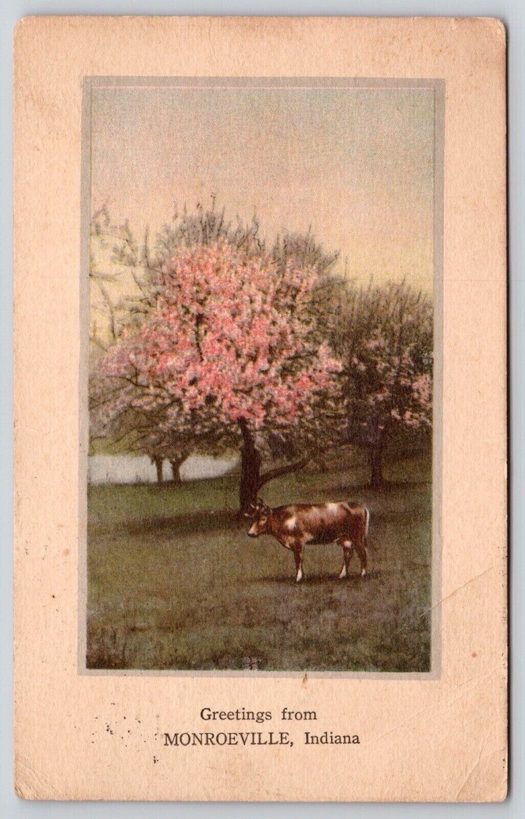 Greetings Monroeville Indiana Scenic Landscape Cow DB Cancel WOB Postcard