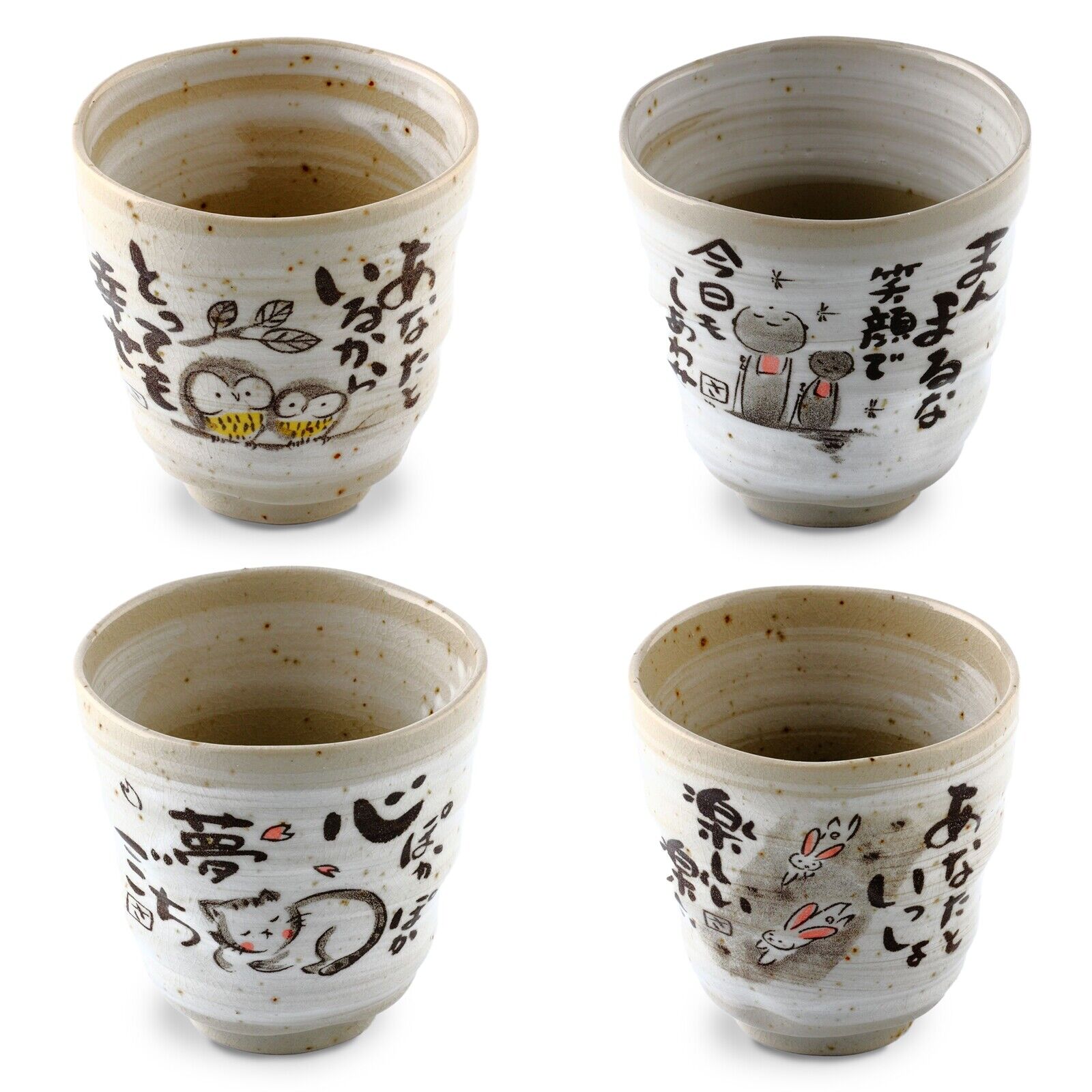 Japanese Mino Ware Sushi Yunomi Tea Cup JIzo Cat Rabbit Owl Set of 4 Green Tea
