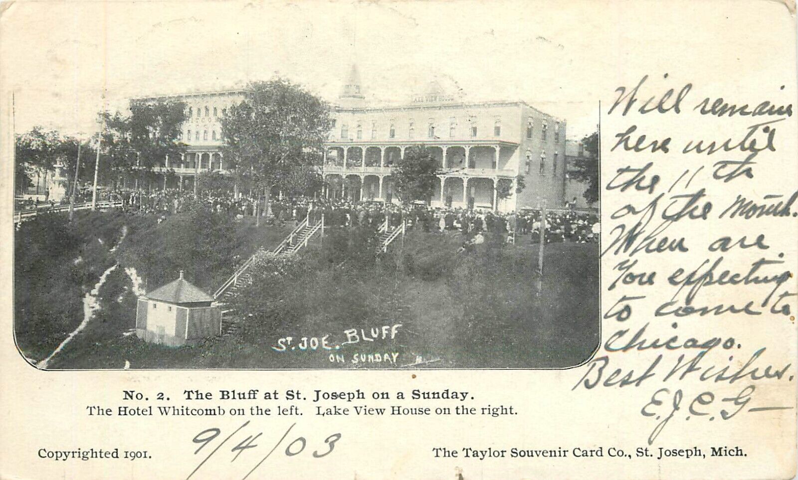 1903 Hotel Whitcomb and the Bluff at St Joseph, Michigan Postcard