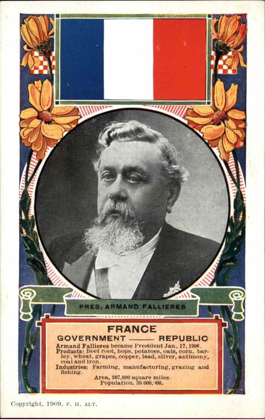 France President Armand Fallieres Flag Flowers Political History c1910 Postcard