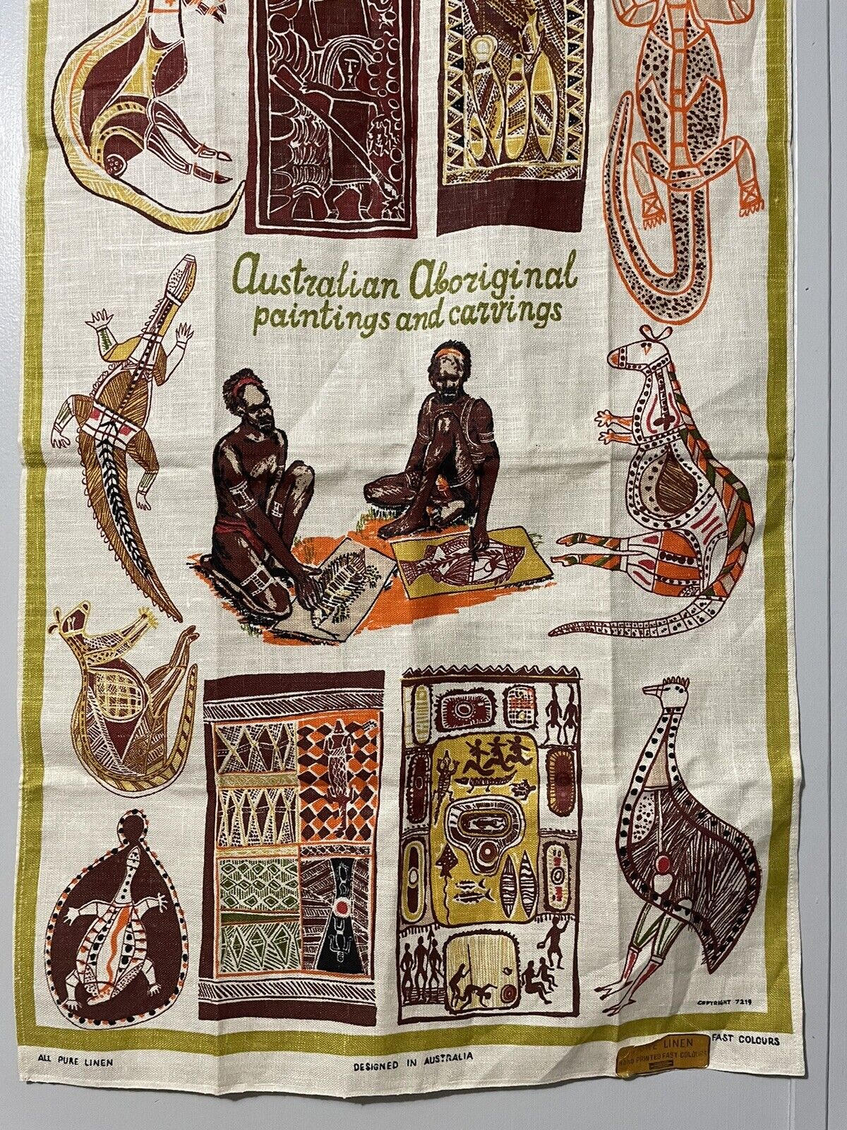 VTG 1972 AUSTRALIAN ABORIGINAL Paintings & Carvings 100% Linen Large Tea Towel