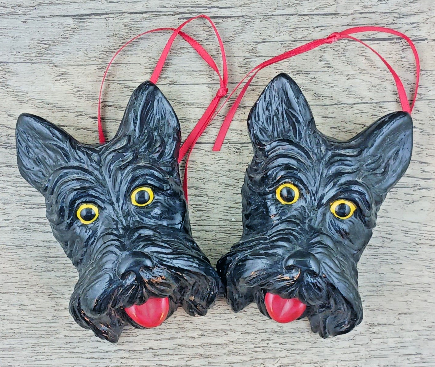 VTG Pair of Chalkware Black Scottie Dog Face Plaques Wall Hangings MCM