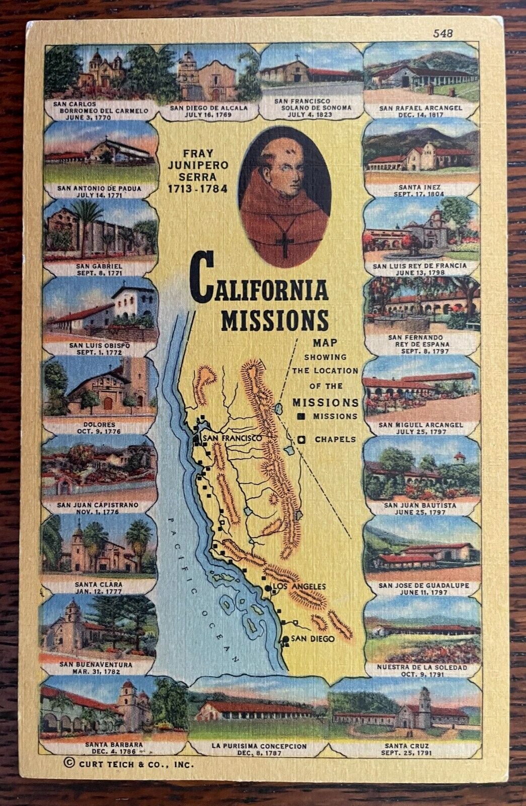 Vintage Postcard 1954 California Spanish Missions, San Diego to Sonoma, CA