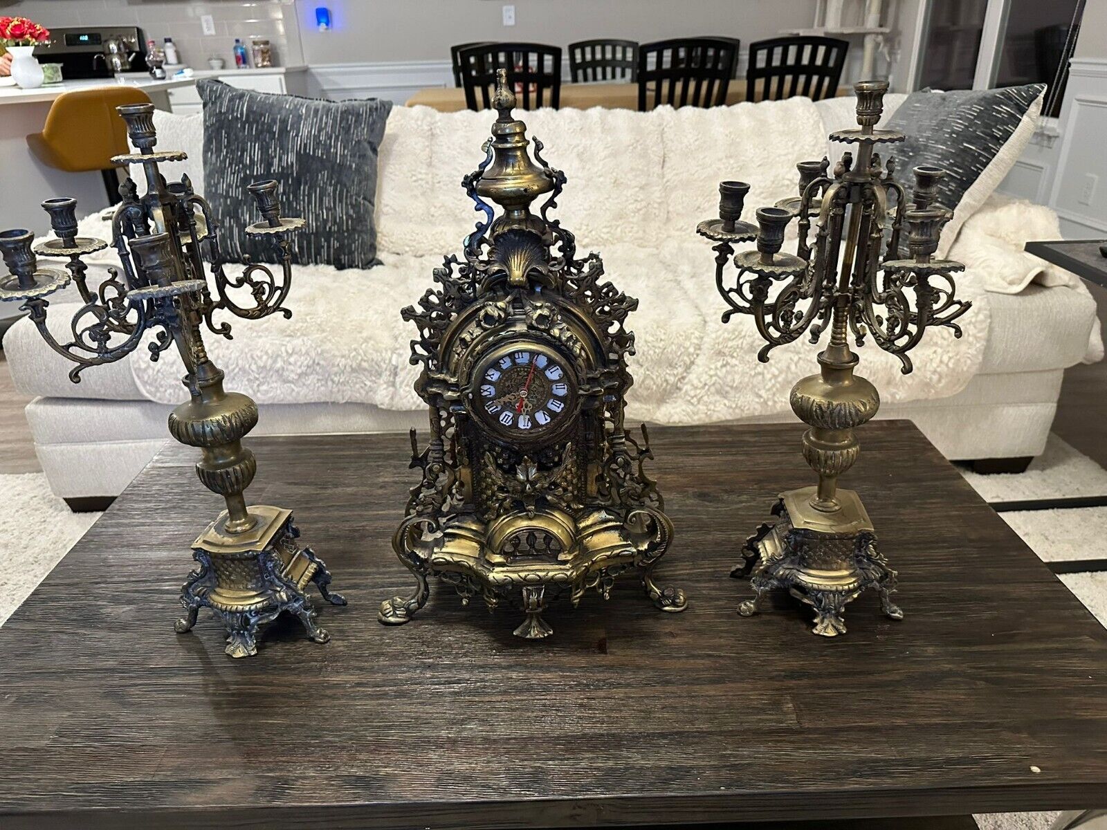  Antique Italian Bronze Candelabra Clock Set