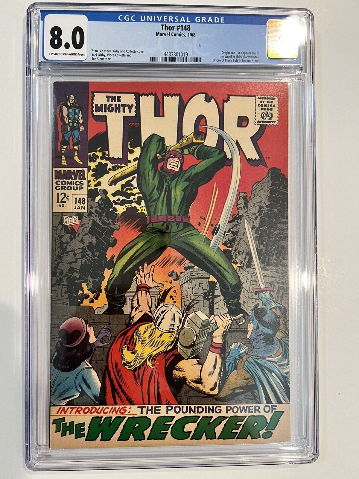 Thor #148 CGC 8.0 VF C/OW Pages 1st App Wrecker, Origin Black Bolt Marvel 1968