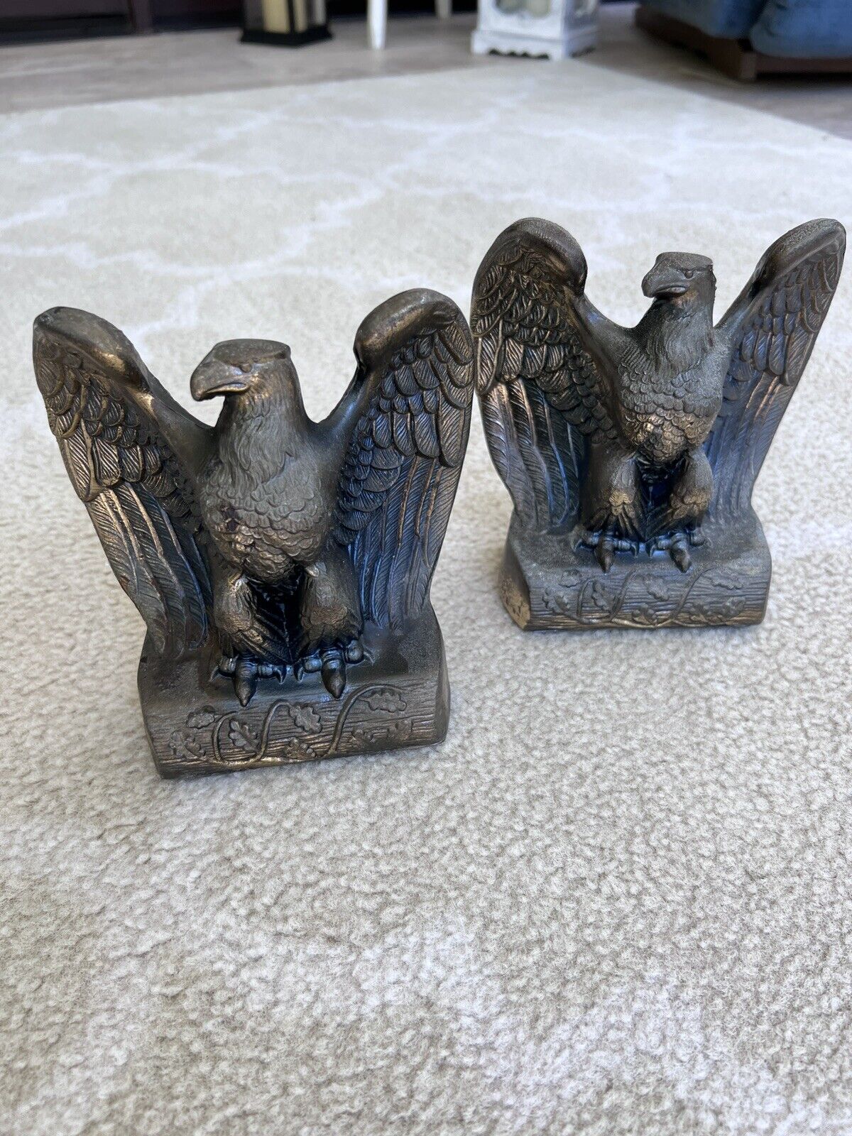 Lot Of Two Vintage 6” Brass Pair of American Bald Eagle Bookends w/ Oak Leaves