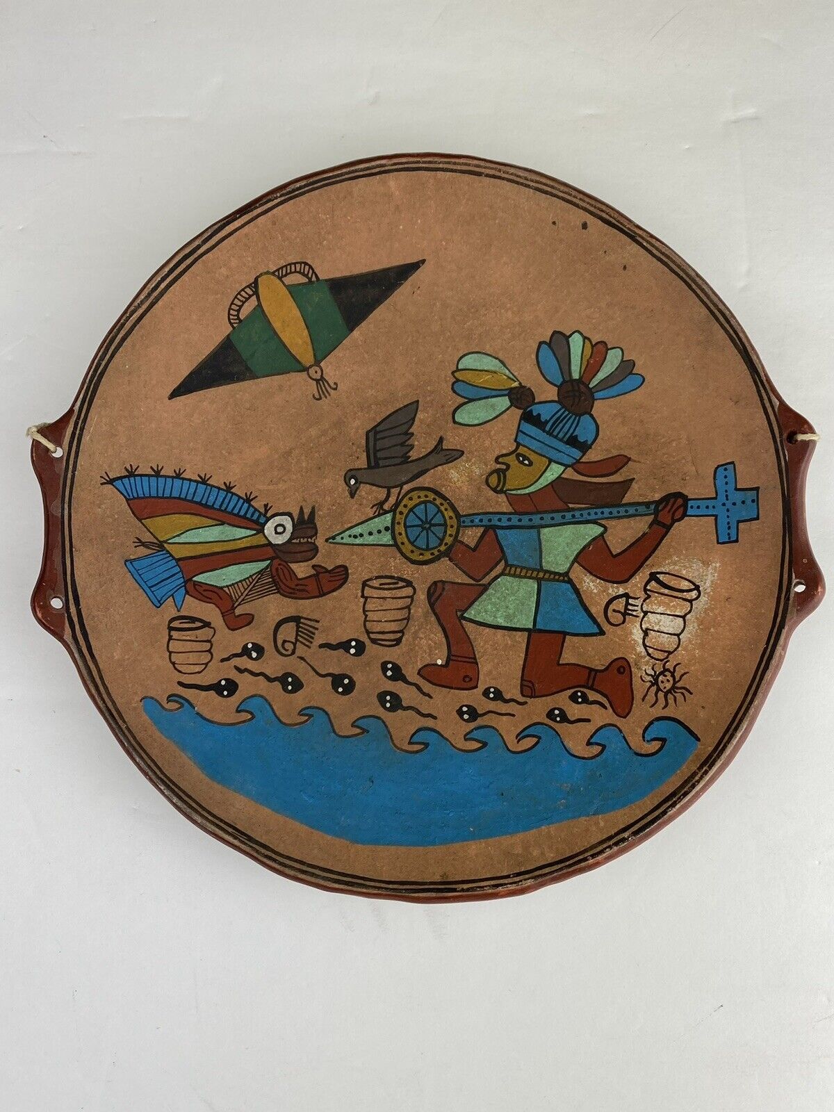 Pisac Cusco Peru Terra Cotta Clay Pottery Hanging Plate Inca Hand Painted 8.25\