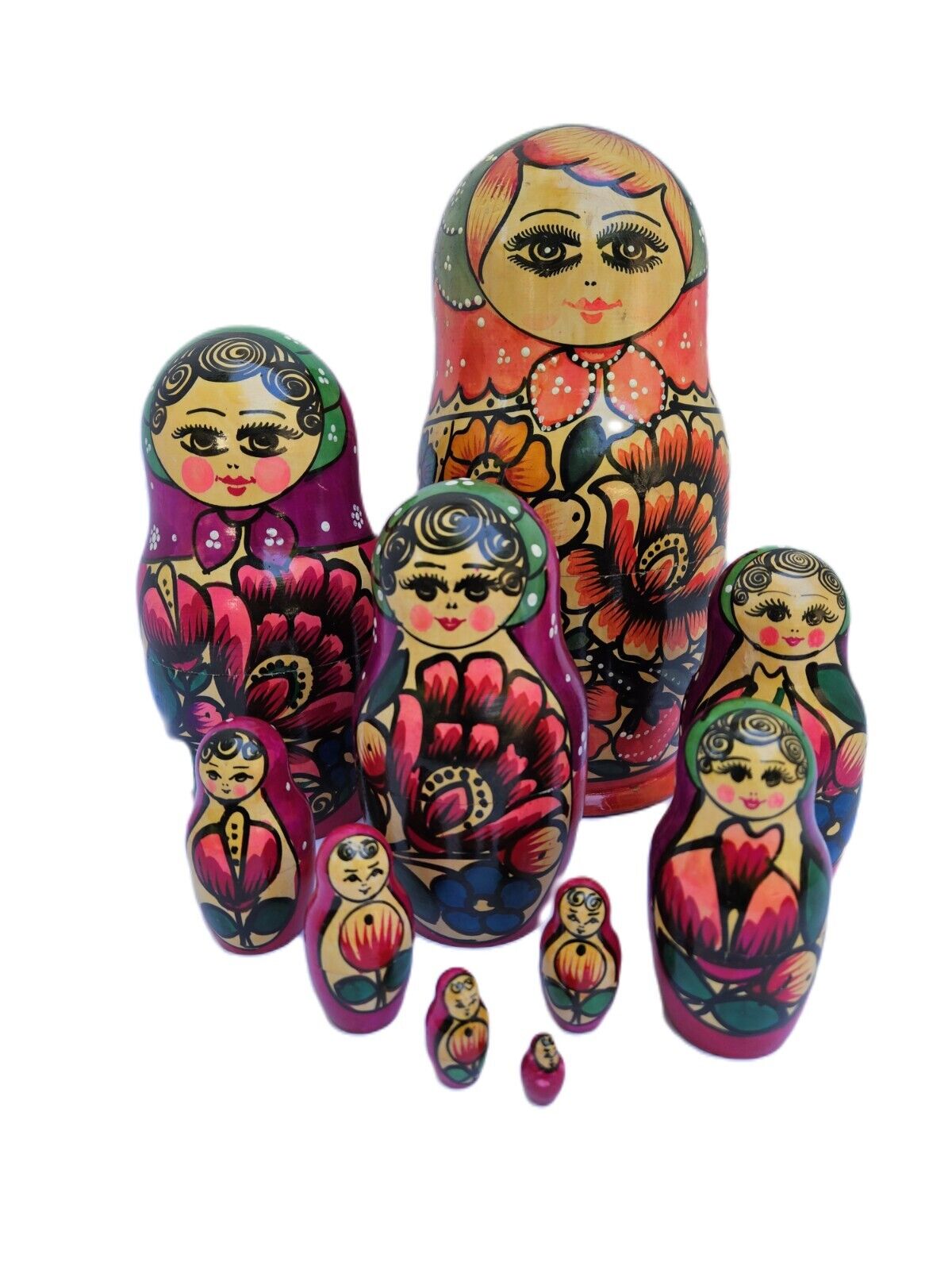 Russian Nesting Dolls Colorful in Reds Pink, and Purple - Set of 10 -19 Pieces