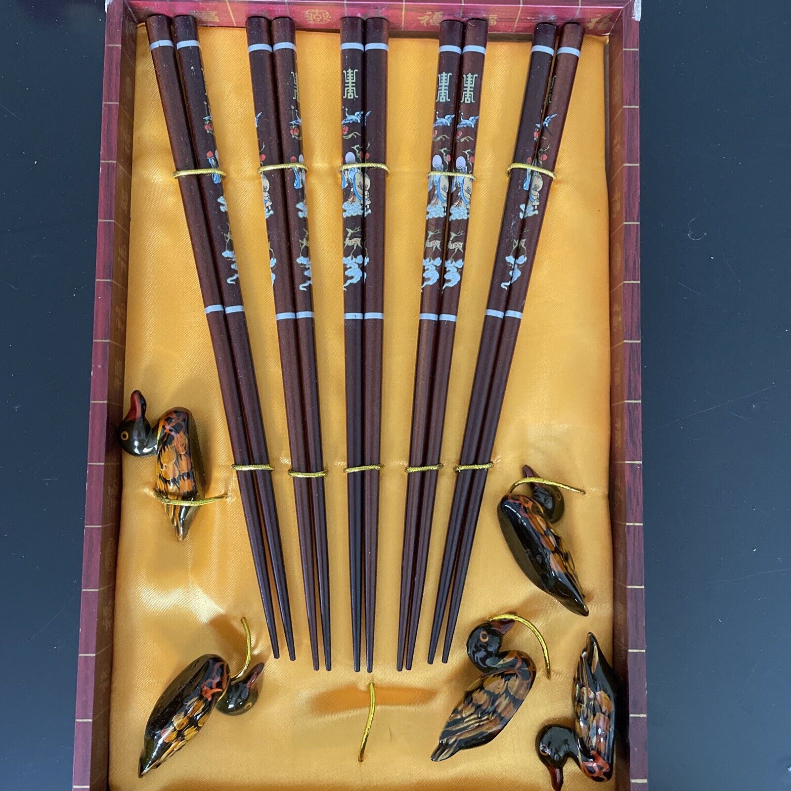 VTG Wooden Chopsticks & DUCK Chopstick Rest Holders in Box Set of 5