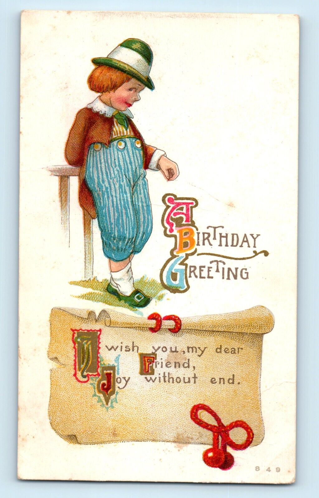 A Birthday Greeting Little Boy Victorian Dress & Green Hat Postcard C3