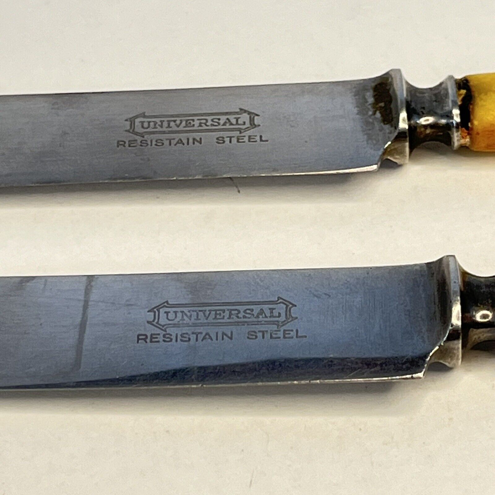 Two Antique Universal Resistain Steel Dinner Knives Flexible 5.25\