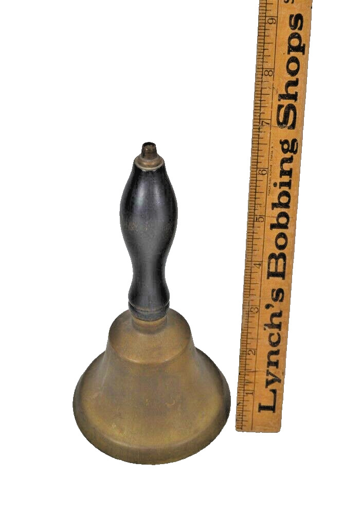 school bell brass 7 x 4 hand turned wood handle old 19th c original antique