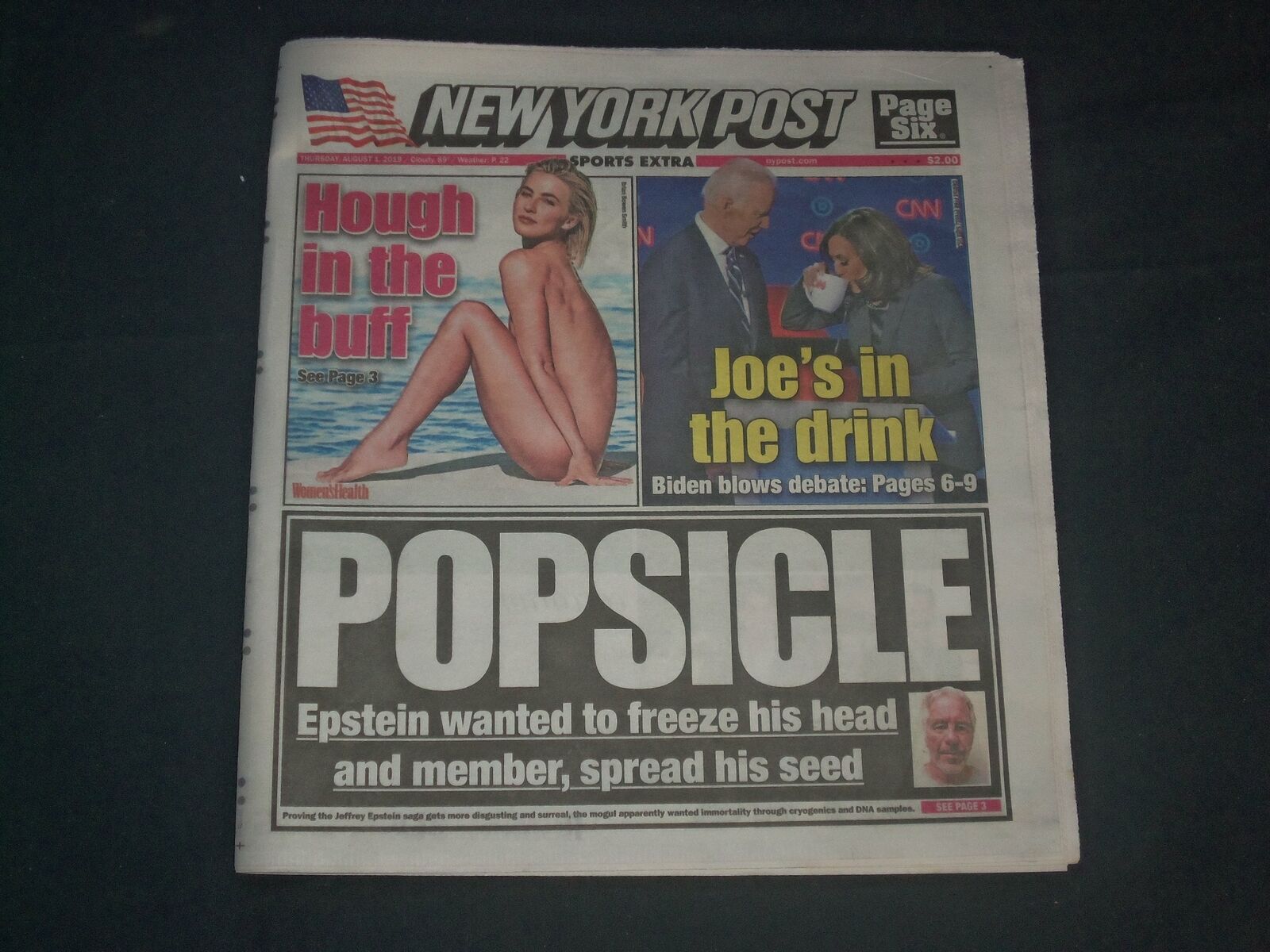 2019 AUGUST 1 NEW YORK POST NEWSPAPER -JEFFREY EPSTEIN WANTED TO FREEZE HIS HEAD