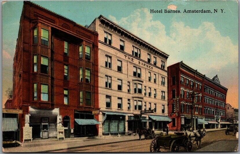 Amsterdam, New York Postcard HOTEL BARNES Building / Street View 1913 Cancel