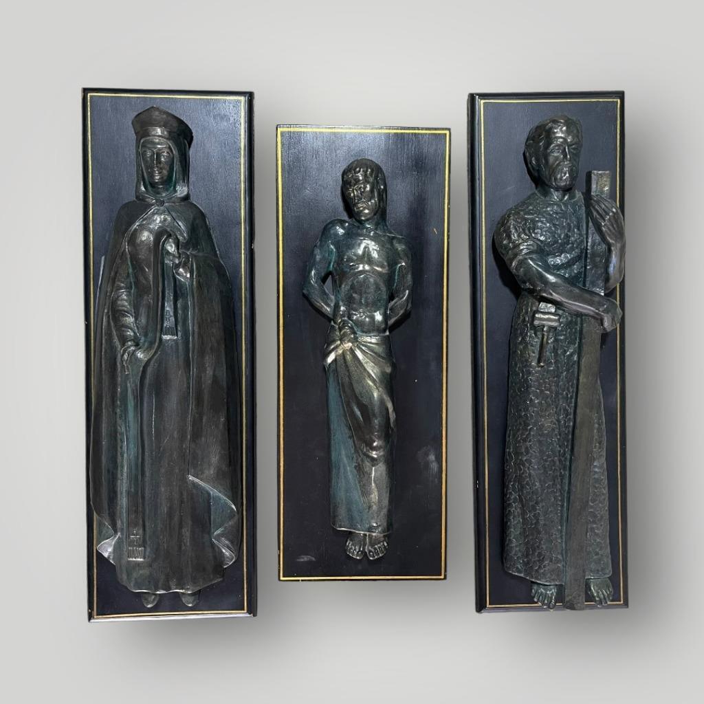 Mary, Joseph, And Jesus Bronze Sculpture Wall Mount on Wood Rev. John L. Walch