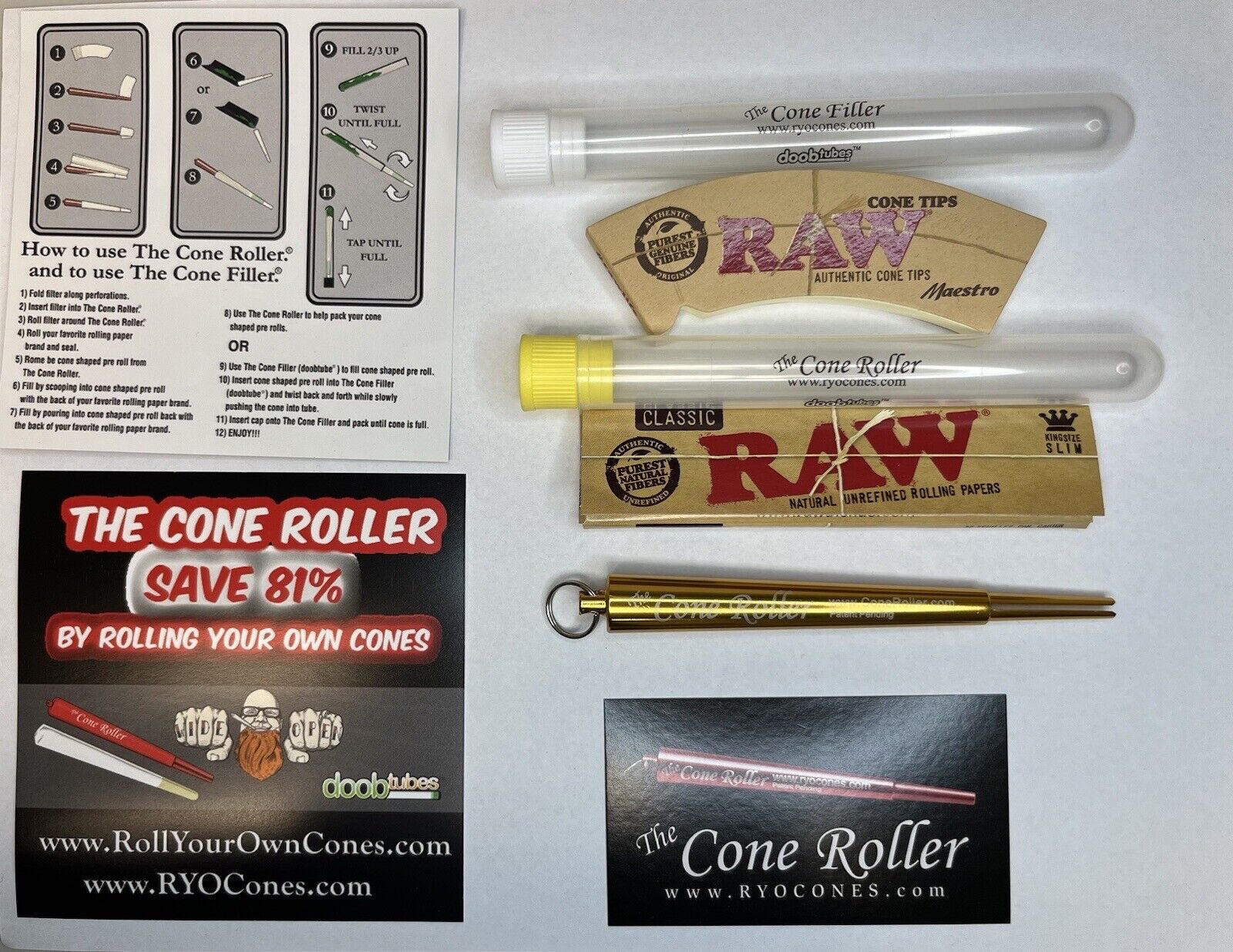 The Cone Roller With RAW Rolling Papers, Filters, Doobtubes, Cone Filler. Gold