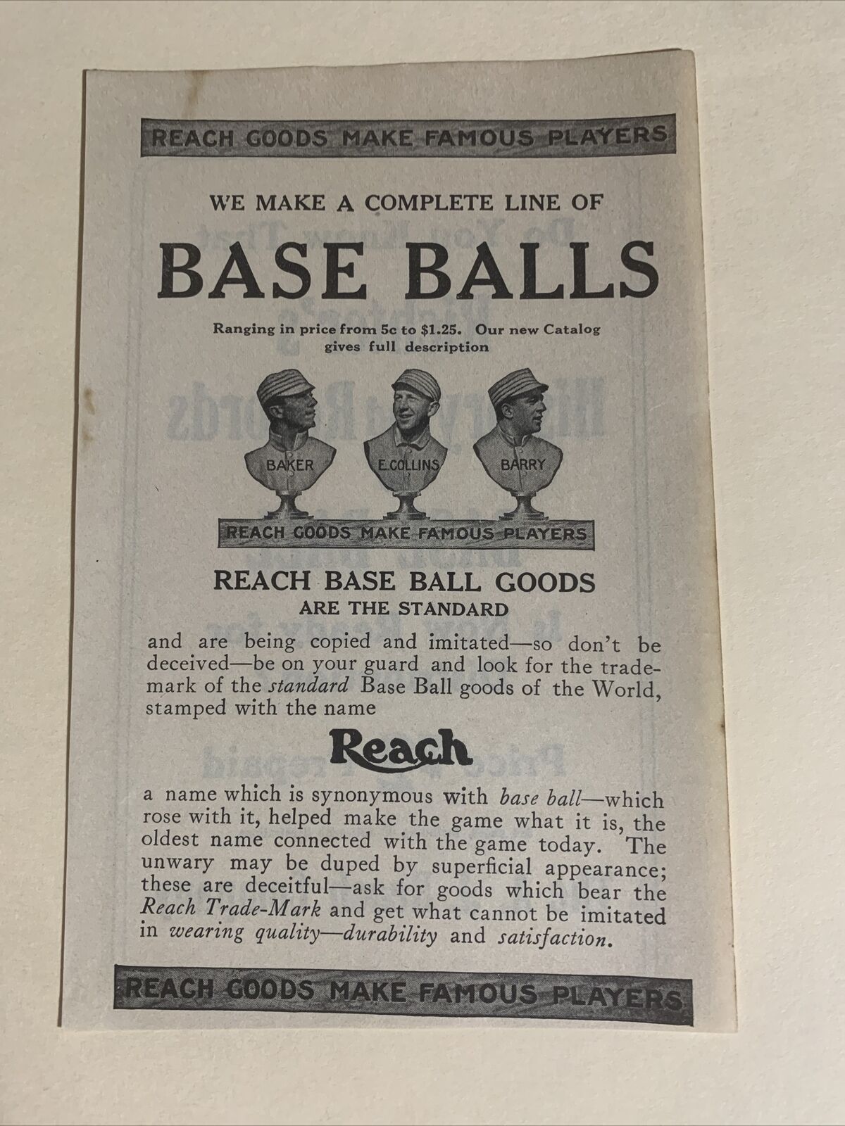 Reach Baseballs Eddie Collins Home Run Baker Jack Barry 1913 Baseball 4X6 Ad