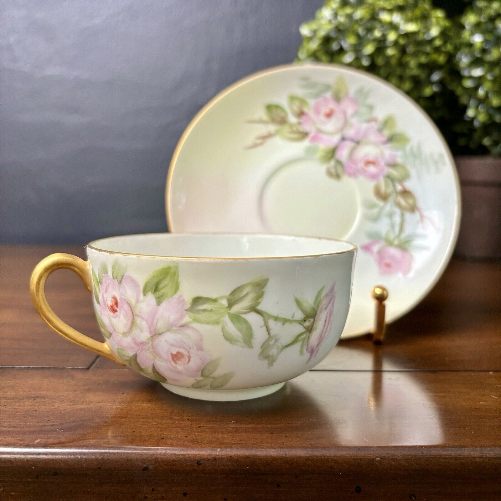 Antique T&V Limoges Hand Painted Porcelain PINK ROSES Tea Cup & Saucer  2 pc Set