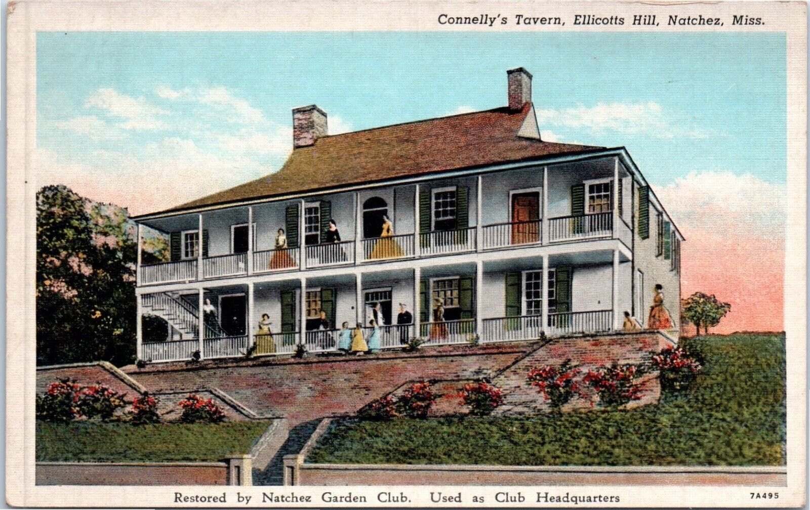 Natchez, MS - Connelly\'s Tavern Linen Postcard Unposted Elliott\'s Hill People