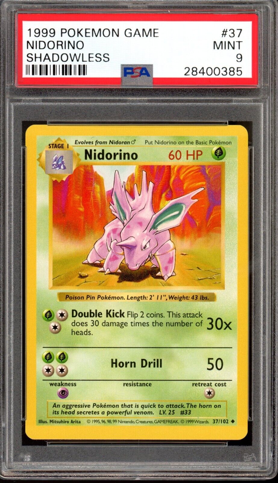 1999 Pokemon Base Set Shadowless Nidorino 37/102 PSA 9 Mint