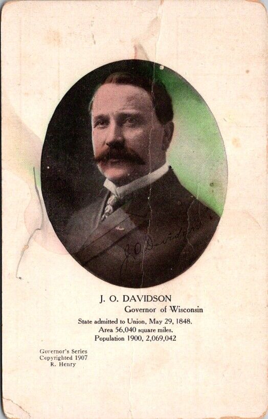 Postcard Governor J.O. Davidson Portrait Wisconsin WI © 1907 R. Henry       O481