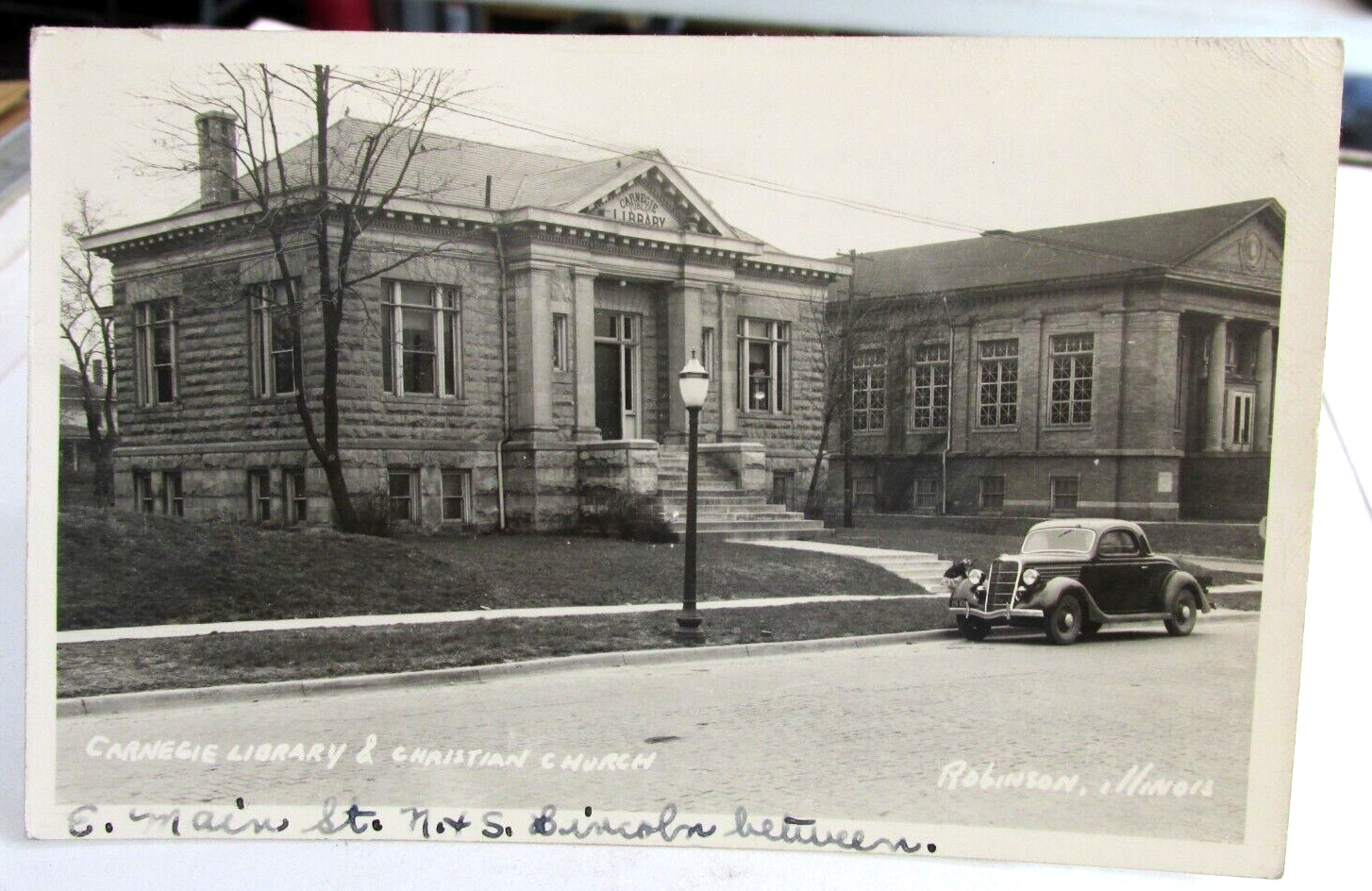1949 ROBINSON ILLINOIS Il. RPPC Real Photo Postcard Carnegie Library & Church