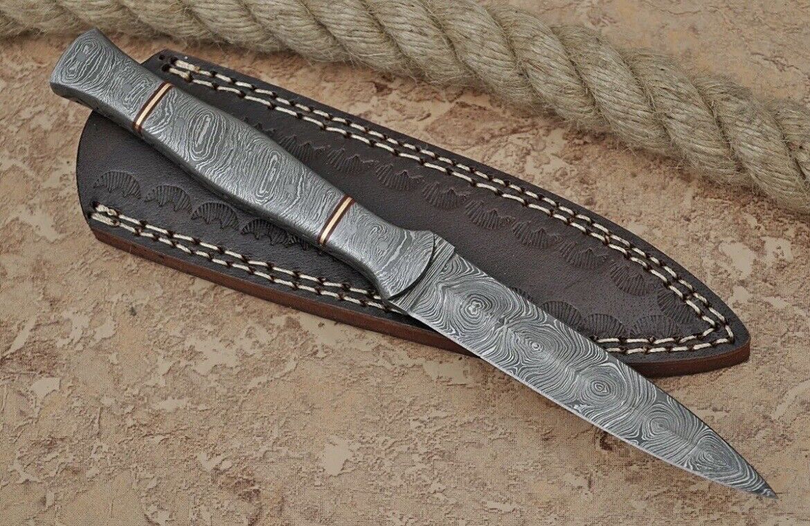 Full Tang Forged Damascus steel dagger fixed blade boot knife DOUBLE-EDGE Sheath