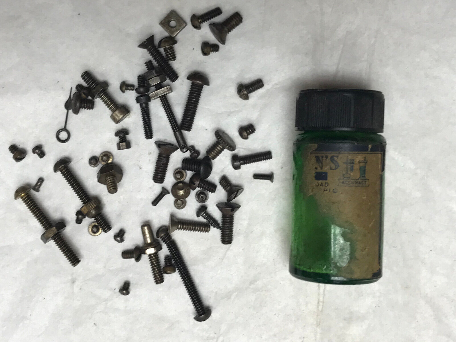Vintage/Old Very Small Screws Stored in Old Glass Container - Lot of 49