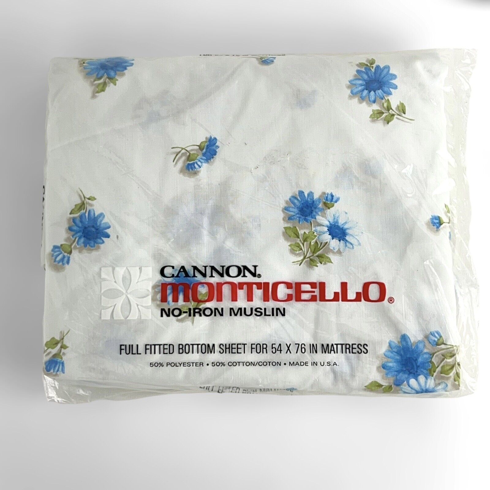 NOS Vtg Cannon MCM Monticello Full Fitted bottom Sheet DAISIES Blue floral New