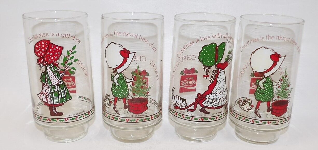 Lot 4 Vintage Holly Hobbie Coca Cola Christmas Glasses