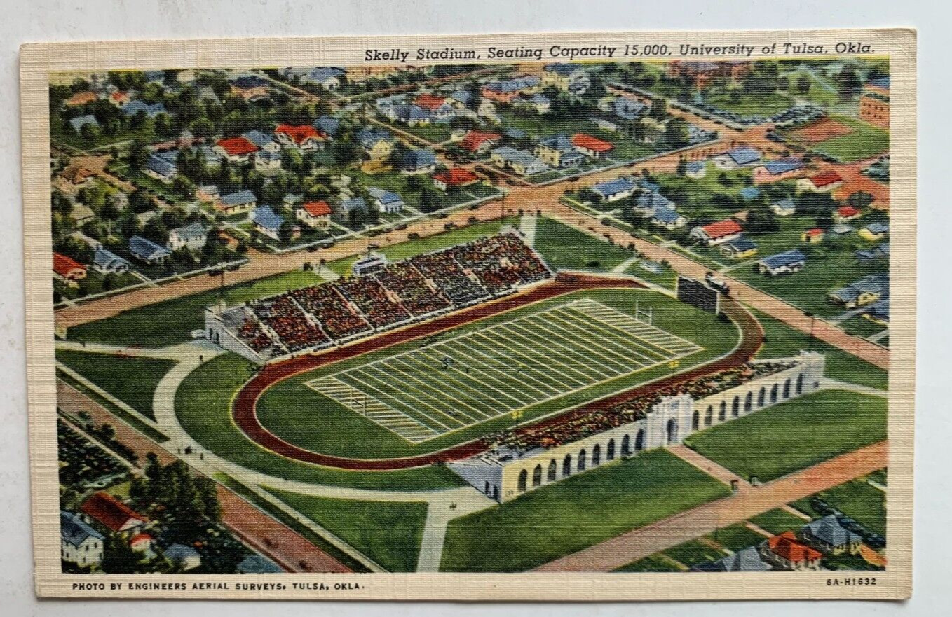 1946 OK Postcard Oklahoma University Tulsa Skelly Stadium football field aerial