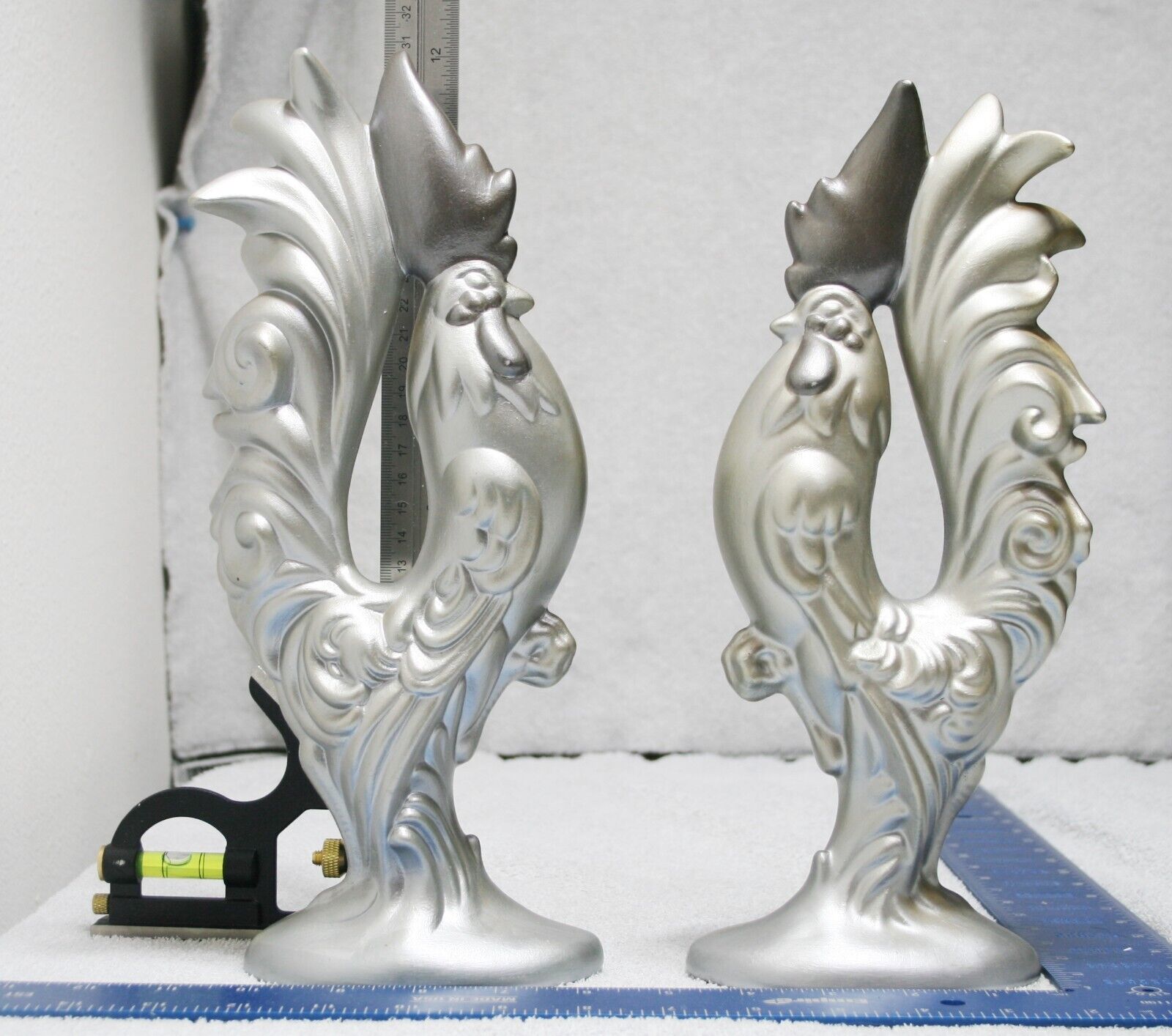 Vintage Arnel’s Ceramic Roosters Pair In Grey And Silver Tones
