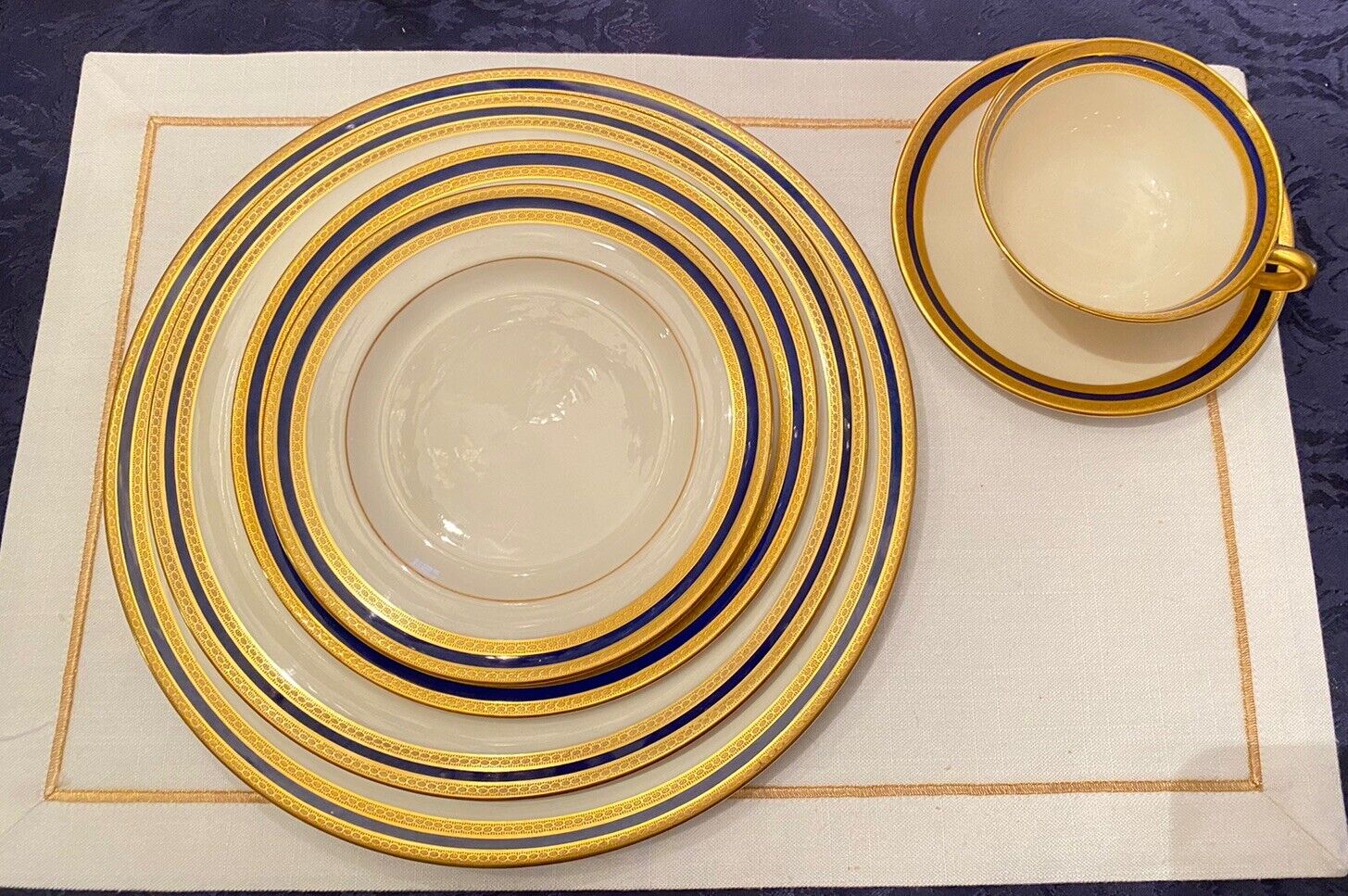 Lenox P72 Ivory Gold Cobalt Blue Embossed 6 Pc. Pacesetting, Plates Cup Nice