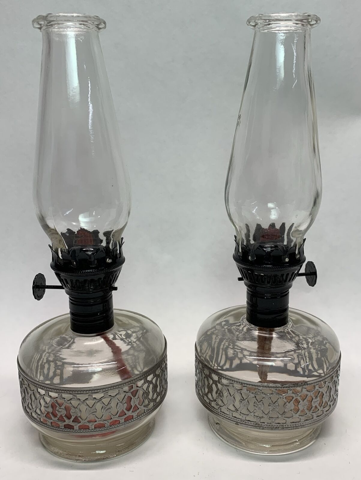 Vintage Pair of 8” Oil Lamps Clear Glass w/Metal Accent