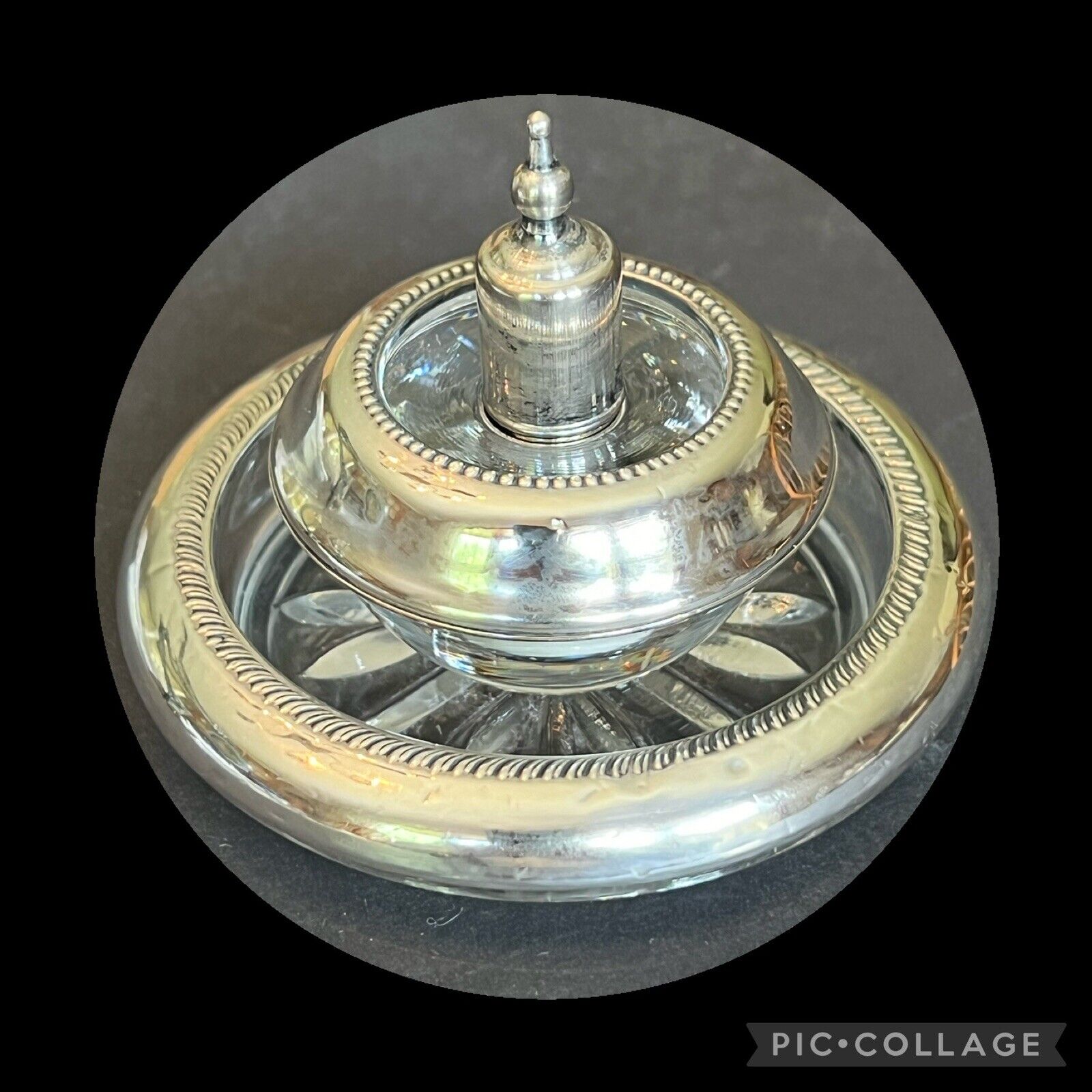 Vntg c1930s Frank M Whiting Sterling Silver&Glass Ashtray/Table Lighter w/ Cap