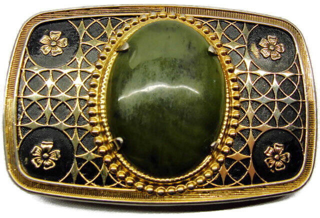 South Western Green Stone Black & Gold Tone Overlay Detailed Flower Belt Buckle