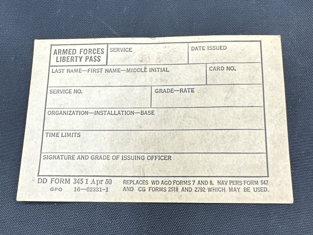 Post WWII/Korean War US Army 1950 NOS blank Armed Forces Liberty Pass card.